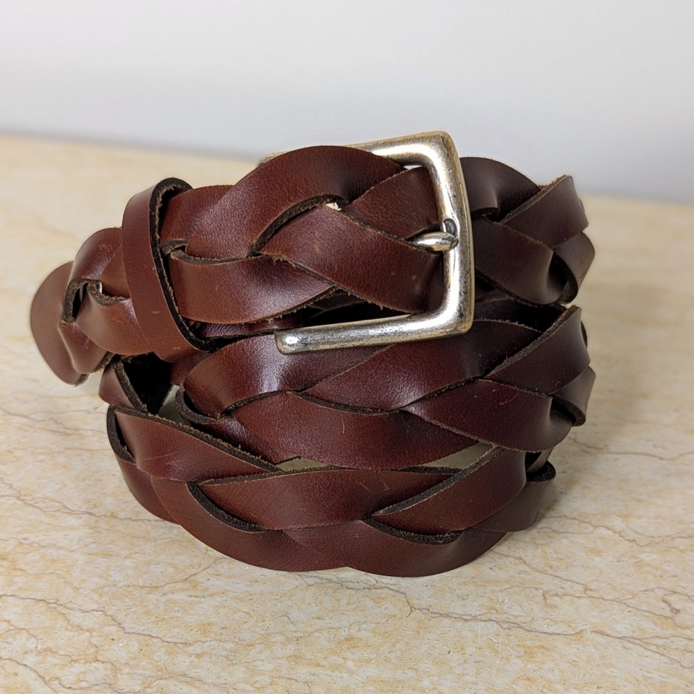 Vintage Gap Braided Dark Brown Leather Silver Tone Brass Buckle Belt Size L